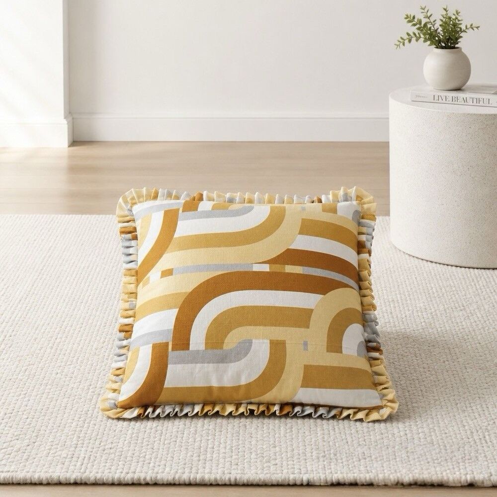 Handmade Set of 2 Throw Pillow Covers 18x18 Geometric Ruffle Trim Hidden Zipper - Picture 4 of 12